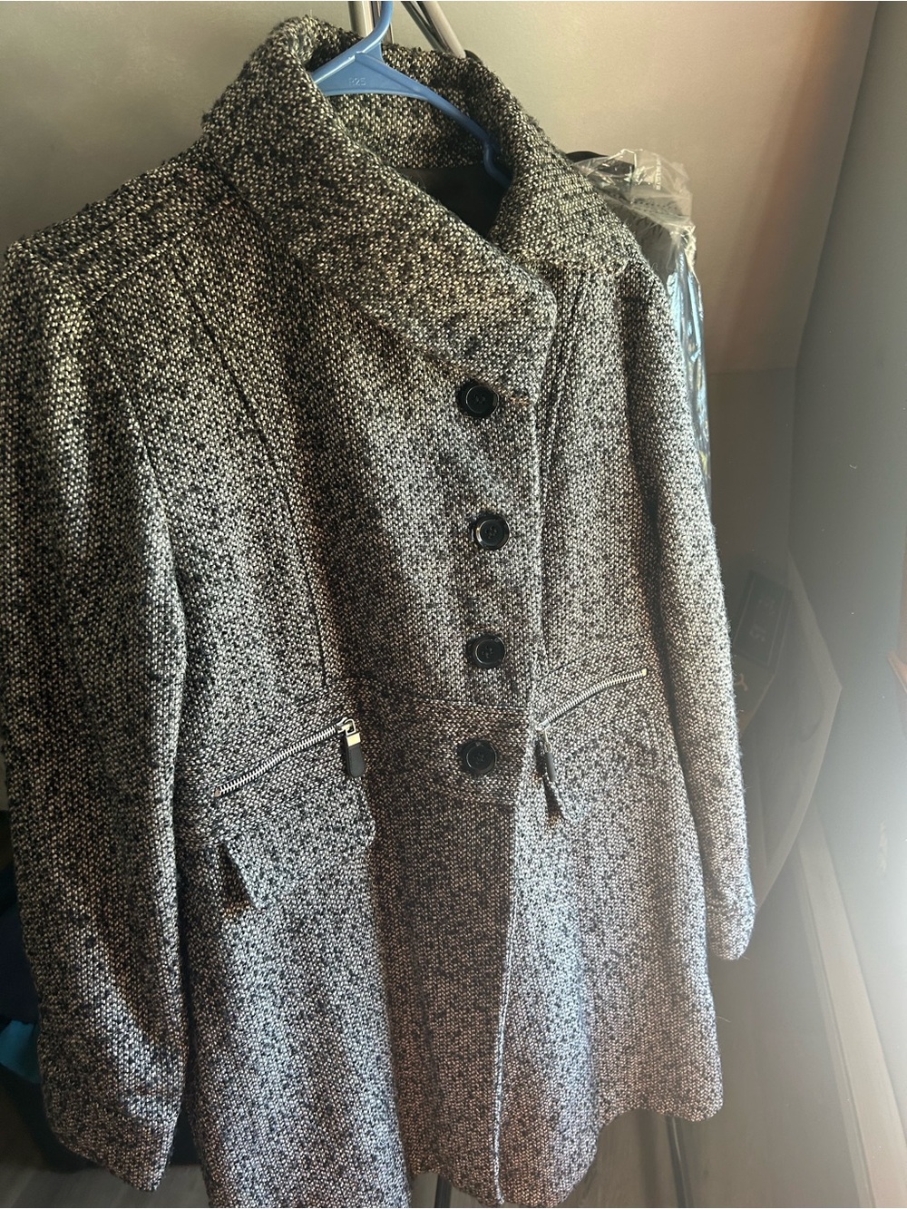 Cynthia Rowley Black & White Textured Pea Coat